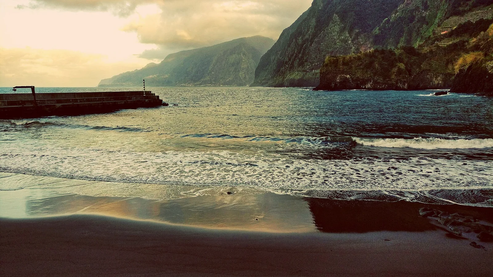 The black volcanic sand beach at Seixal on Madeira's north coast