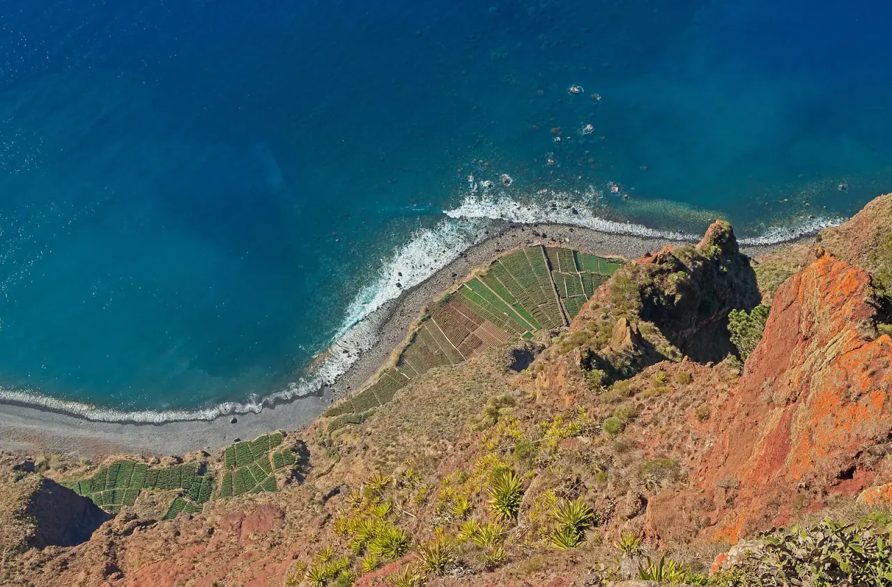 The view down the cliff from the Cabo Girão skywalk on Madeira's south coast