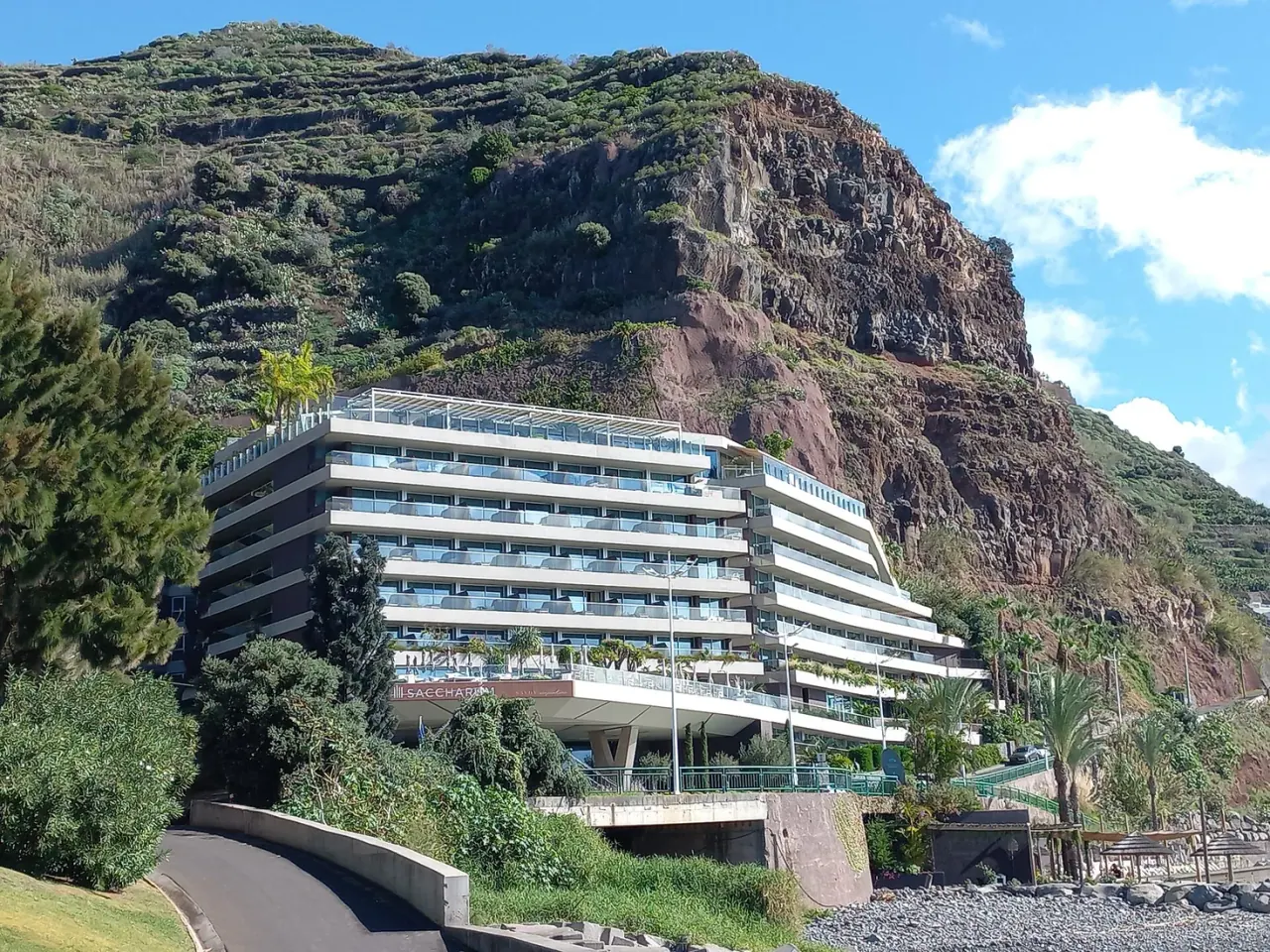 Hotels above the harbour front at Calheta